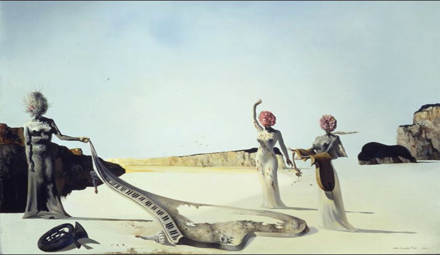  Three Young Surrealist Women Holding in their Arms the Skins of an Orchestra,1932, ©Salvador Dalí. FundacióGala-Salvador Dalí(ARS).